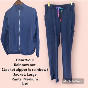 Women’s Heartsoul navy scrub set with rainbow details.